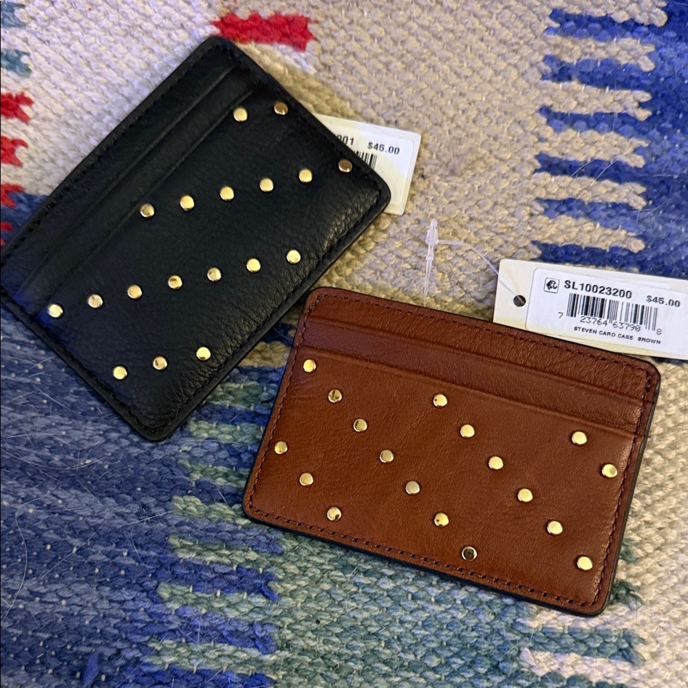 Your Choice! NWTS Fossil Studded Black or Brown "Steven" Card Case Holders